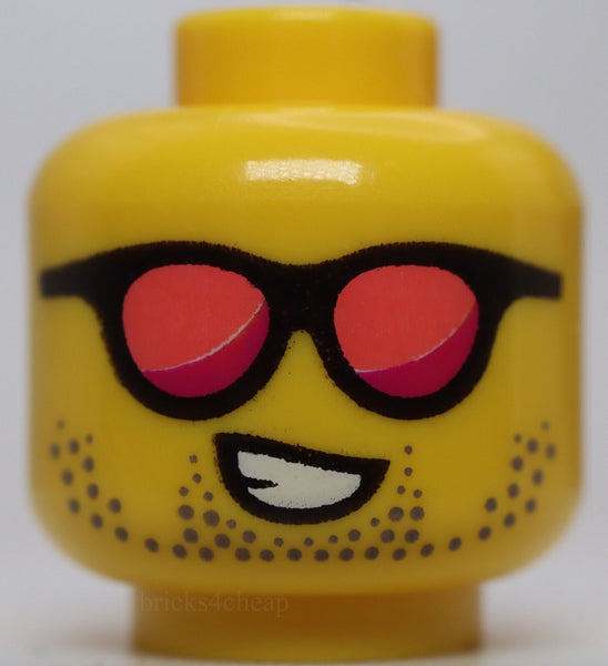 Lego Head Black Sunglasses Coral and Magenta Lenses Dark Tan Stubble Open Mouth