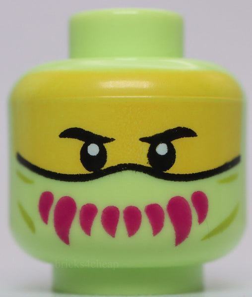 Lego Yellowish Green Minifig Head Balaclava Black brows Magenta Sharp Teeth