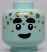 Lego Light Aqua Head Alien Black Thick Eyebrows Eyes and Smile Gold Dots