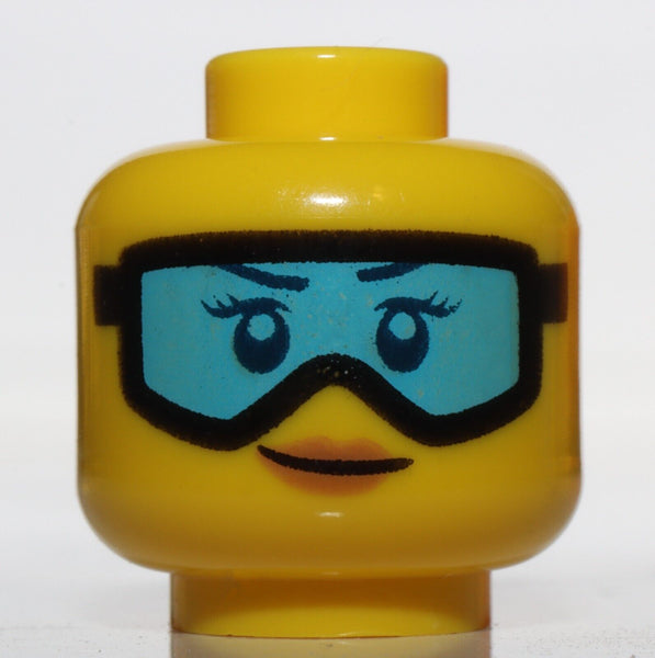 Lego Minifig Head Female Glasses Light Blue Ski Goggles Orange Lips Smile