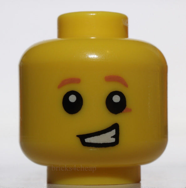 Lego Yellow Minifig Head Dark Orange Eyebrows Spot under Eye Lopsided Open Grin