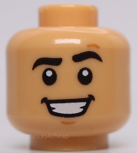 Lego Medium Tan Head Black Eyebrows Raised Left Chin Dimple Open Mouth Smile