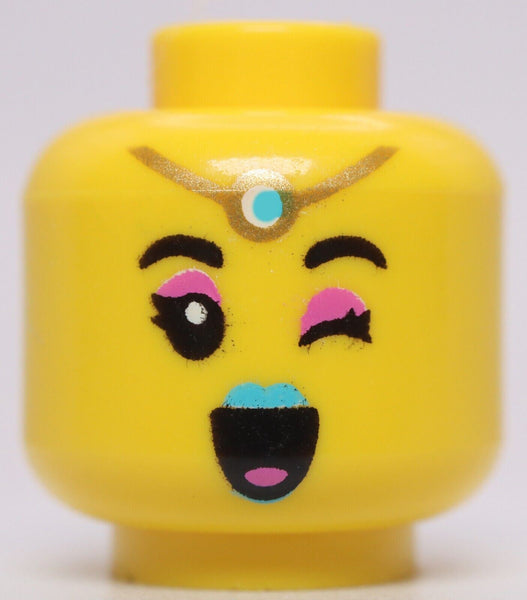 Lego Minifig Head Female Pink Eyeshadow Medium Azure Lips Gold Forehead Charm