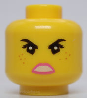 Lego Yellow Minifig Head Female Black brows Freckles Eyelashes Pink Lips