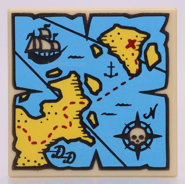 Lego 3x Pirate Tan Tile 2 x 2 Map Yellow Land Compass Pirate Ship Red 'X'