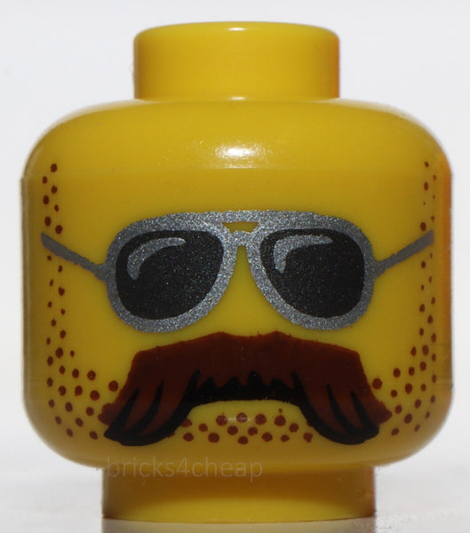 Lego Minifig Head Glasses Silver Sunglasses Moustache Brown Bushy Stubble