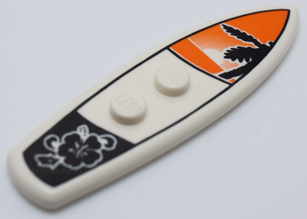 Lego White Minifig SurfBoard with Palm Tree Sunset and Flower