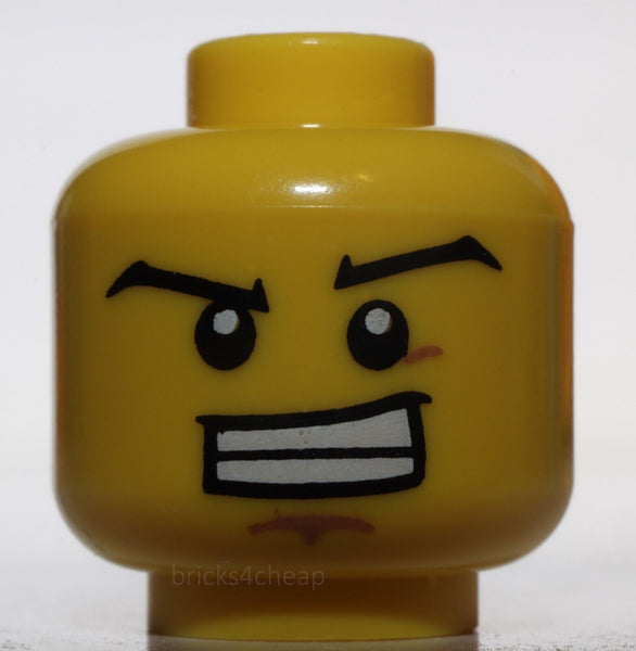 Lego Yellow Minifig Head Black Wide Eyebrows Wide Grin Teeth Dark Tan Dimple