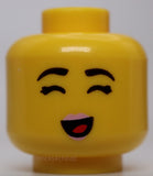 Lego Yellow Head Female Black Eyebrows Bright Pink Lips Small Grin Closed Eyes