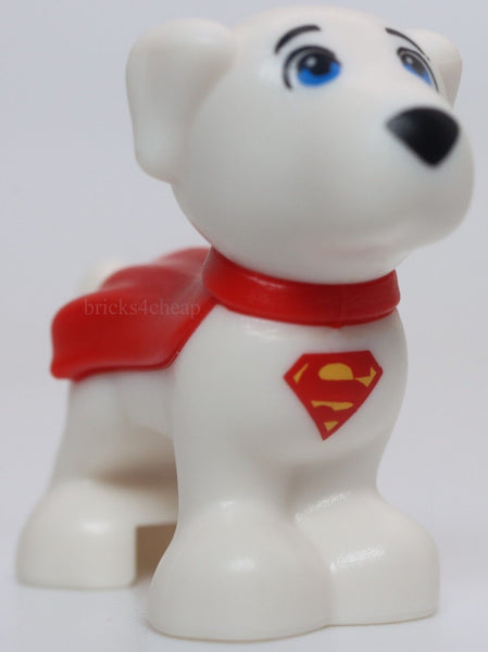 Lego White Dog Small Super Hero Blue Eyes Red Cape and Superman S Logo Krypto