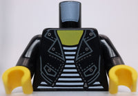 Lego Black Minifig Torso Jacket Buttons Zipper Black White Striped Undershirt