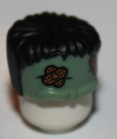 Lego Sand Green Minifig Head Top Frankenstein Monster Black Hair Bandages