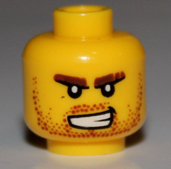Lego Yellow Minifig Head Beard Stubble Bared Teeth White Pupils Pattern NEW