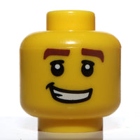 Lego 2x Yellow Minifig Head Thick Brown Eyebrows Grin Teeth Pattern
