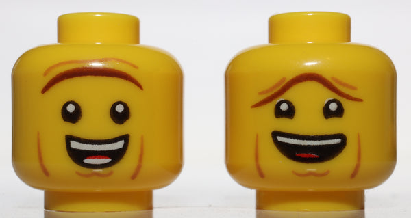 Lego Yellow Minifig Head Dual Sided Reddish Brown Unibrow Open Mouth Smile