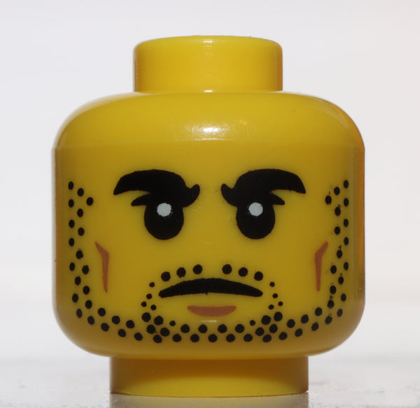 Lego Yellow Minifig, Head Black Thick Eyebrows and Stubble, Dark Tan Cheek Lines