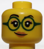 Lego Yellow Minifig Head Dual Sided Female Black Eyebrows Dark Green Glasses