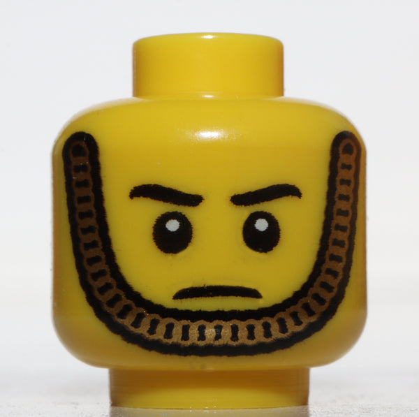Lego Minifig Head Black Eyebrows White Pupils Gold Chin Strap Smile