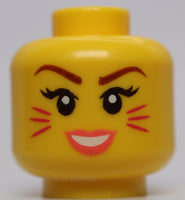 Lego Yellow Minifig Head Dual Sided Female Eyebrows Magenta Cat Whiskers