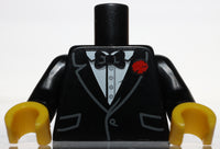 Lego Black Minifig Torso Tuxedo Suit Coat Blazer Bow Tie Red Rose