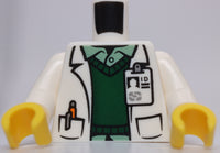 Lego White Minifig Torso Lab Coat with ID Badge and Orange Pen Green Vest Doctor